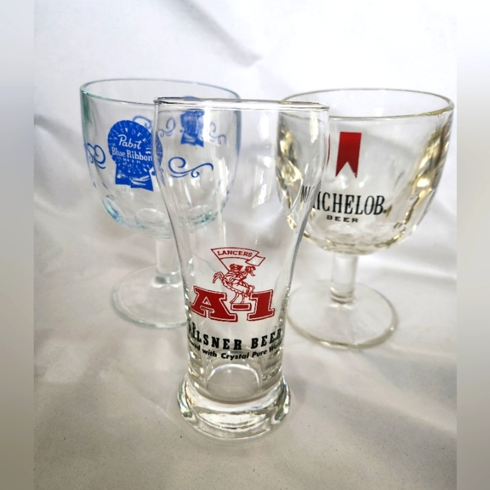 A-1 Beer, Pabst Blue Ribbon, Michelob, Lancers, Vintage Glasses Set 3 EUC $18